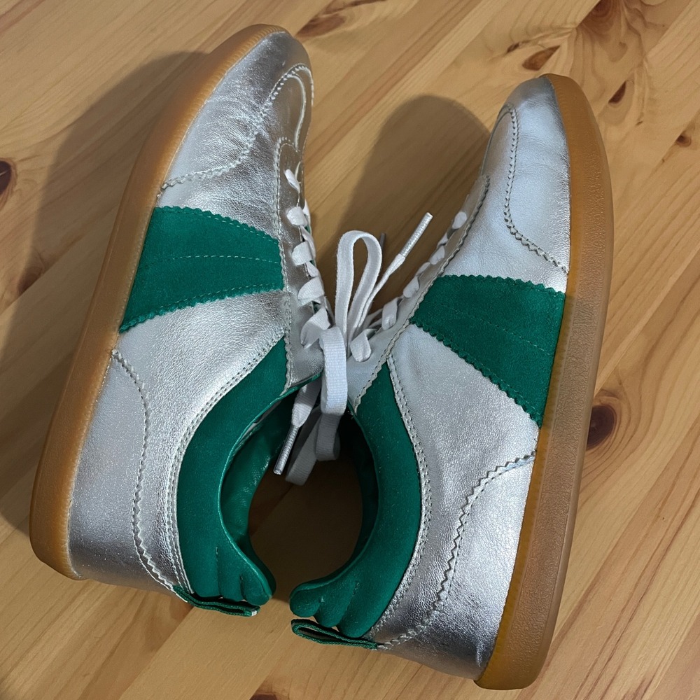 NWT Boden Retro Erin Tennis Trainer Sneakers Silver Green Leather Suede EU 39 - Picture 6 of 17